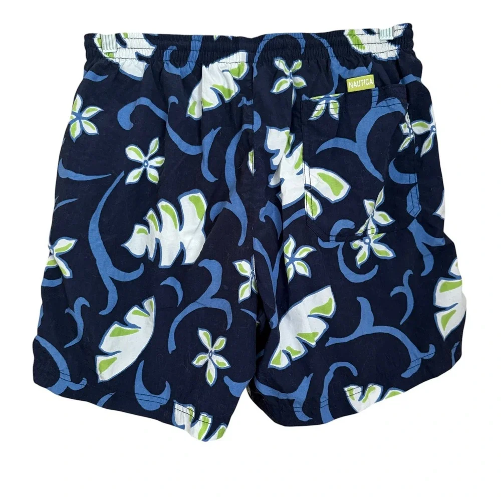 Vintage Y2K Nautica Swim Trunks Mens M Tropical Floral Board Shorts Navy Beach‎